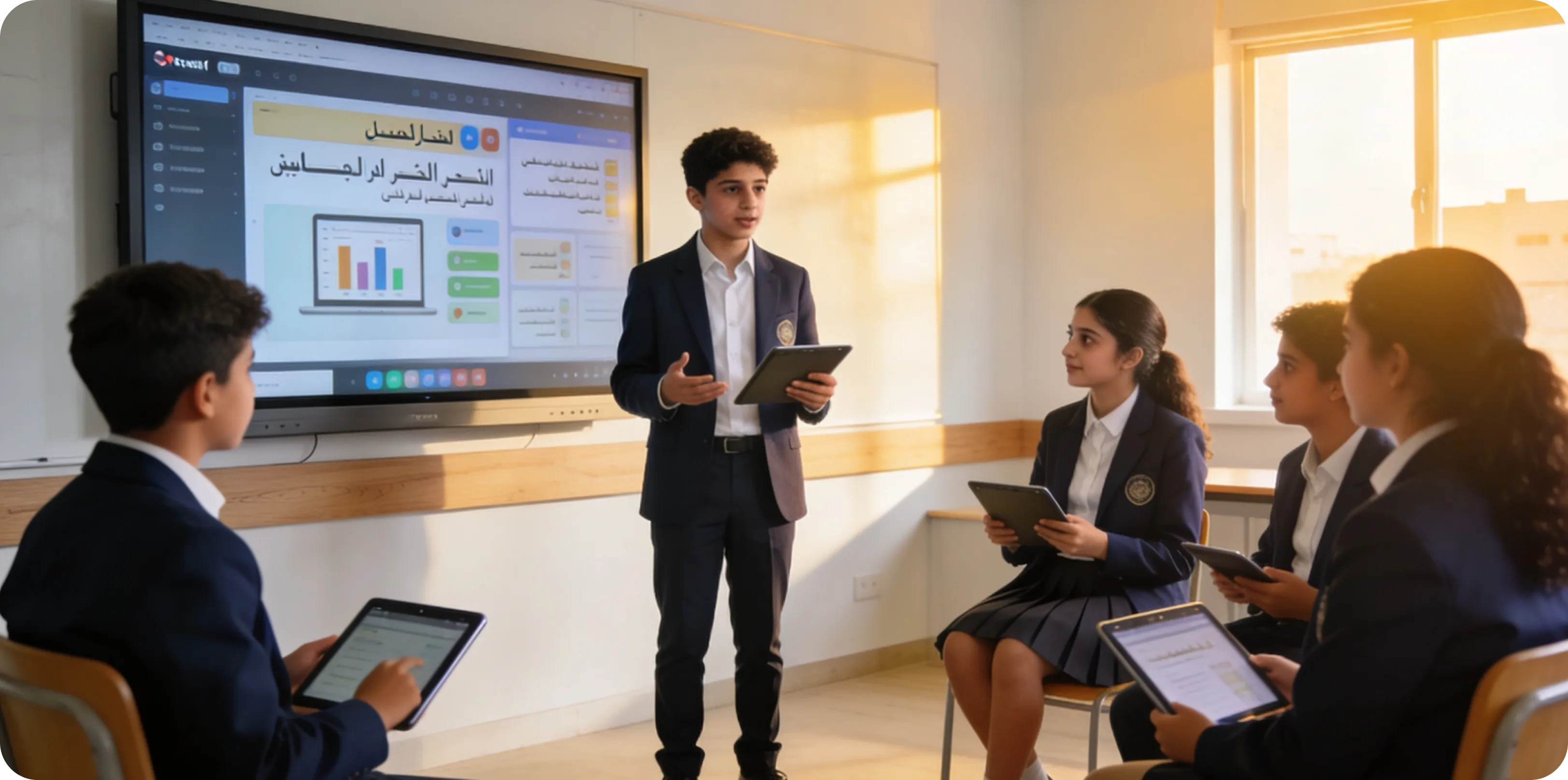Students in a MENA classroom learning with digital devices